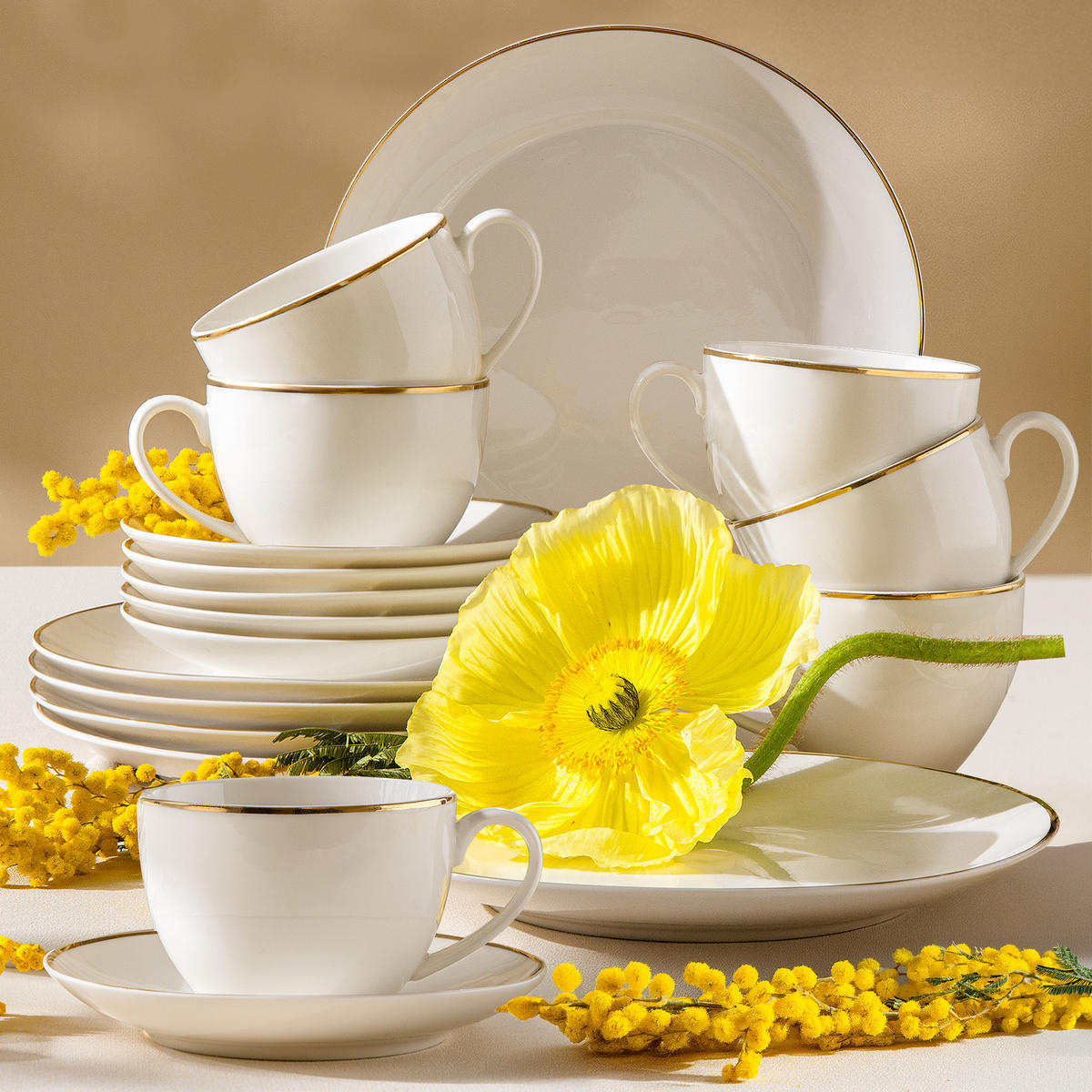 KAFFEESERVICE AD BELLA, 6 Personen, 18-tlg - Ecru/Goldfarben, Keramik (20/8/20cm) - KONSIMO®