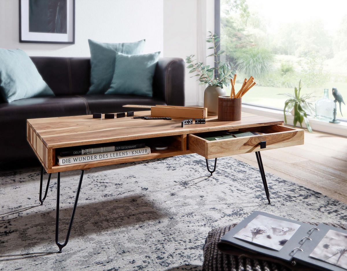 COUCHTISCH BALU mit Schubfächern aus Massivholz und Metallfüßen, leichter Aufbau, Beige 110x60x60 cm - Beige/Schwarz, Holz/Metall (60/110/60cm) - KADIMA DESIGN
