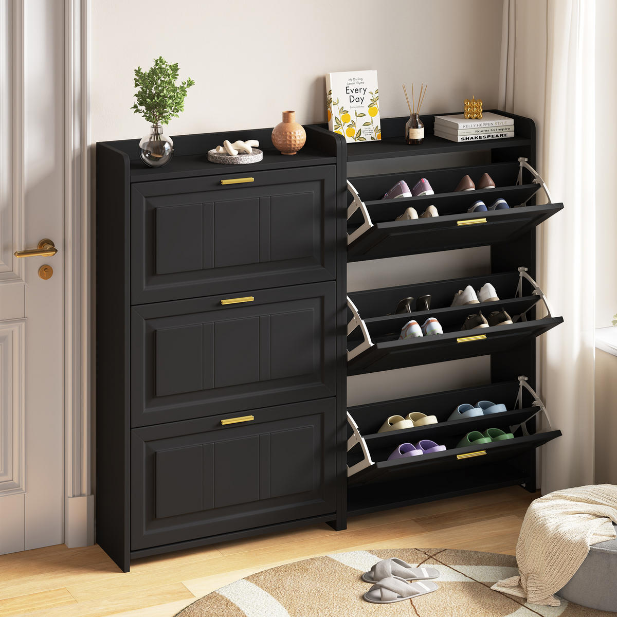 SCHUHSCHRANK aus MDF & Spanplatte 140x24x120cm in Schwarz 2er Set - Schwarz, Holzwerkstoff (140/120/24cm) - Modfu