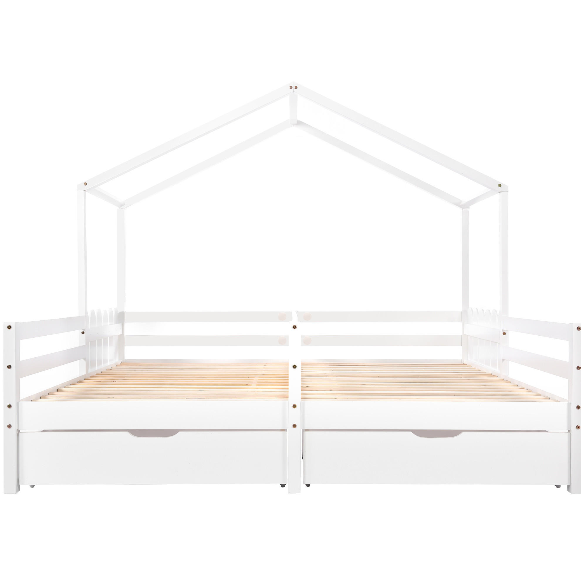 HAUSBETT 2 x 90/200 cm in Weiß mit 2 Schubladen und Schutzgitter - Weiß, Holz (90/200cm) - Flora Grace