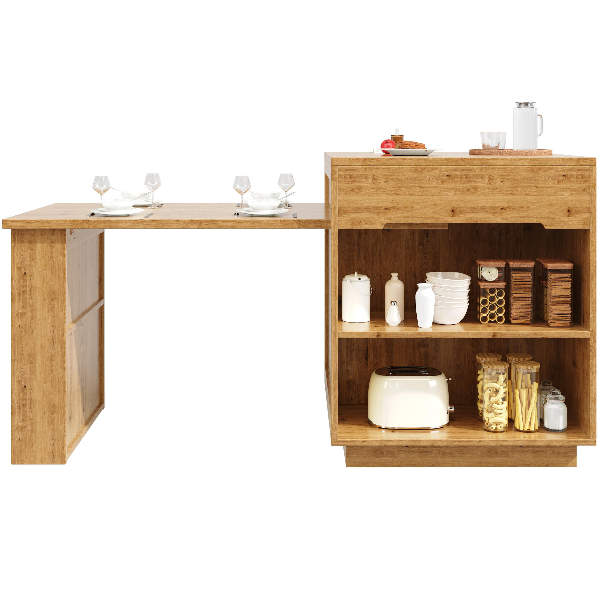 KÜCHENINSEL 122-195/70/93,5 cm aus MDF mit ausziehbarer Tischplatte und LED-Beleuchtung Eichefarben - Braun, Holzwerkstoff (122/93.5/70cm) - Modenvie