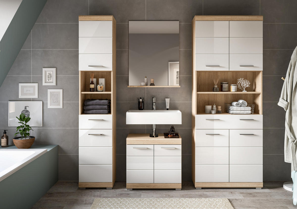 BADMÖBEL-SET weiß Hochglanz, Eiche 4-teilig 186 cm, viel Stauraum - Weiß Hochglanz/Eichefarben, Holzwerkstoff (186/191/34cm) - Inn.Furn