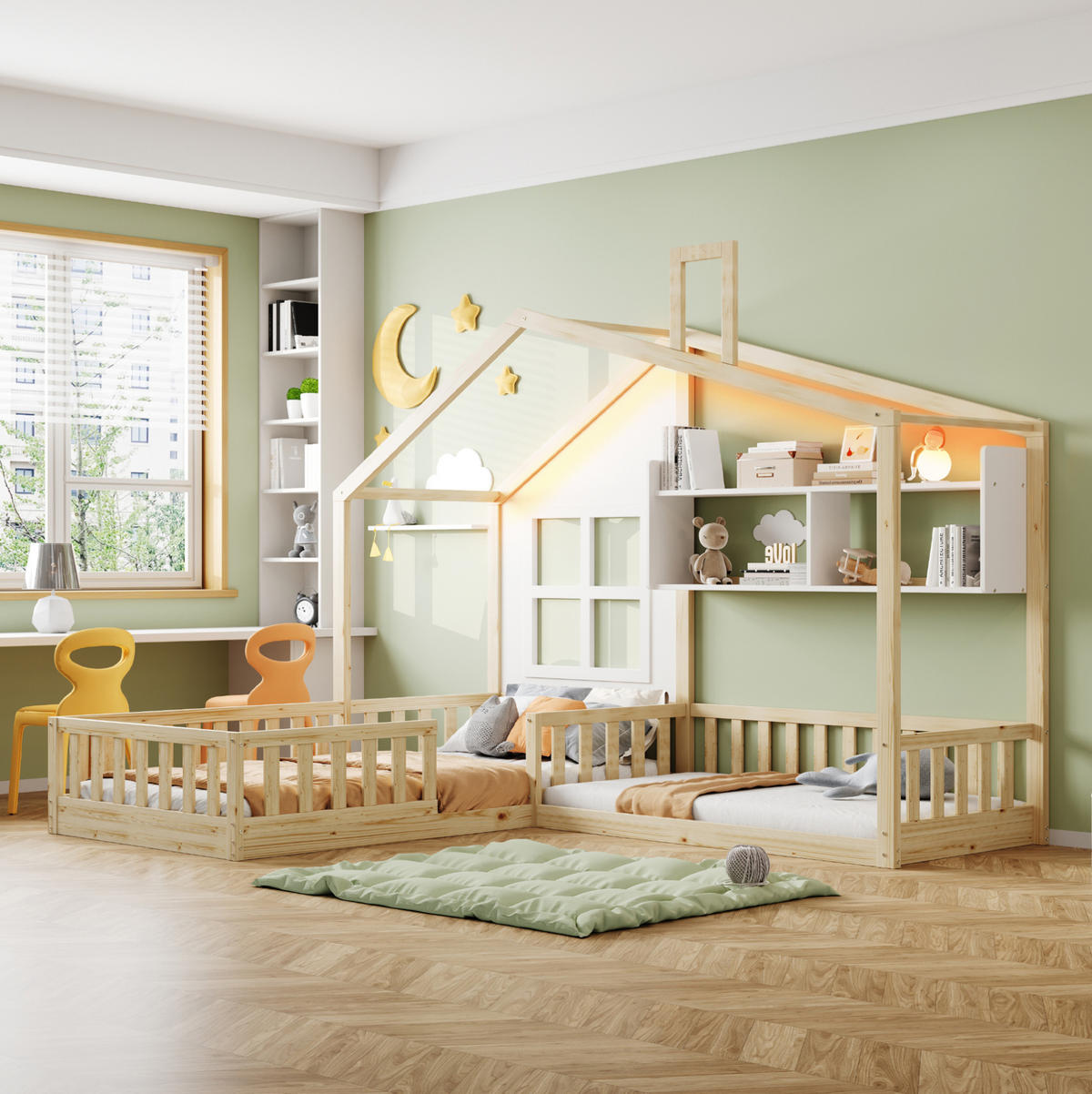 KINDEREINZELBETTEN aus Massivholz und MDF 90x200 cm in Naturholz/Weiß mit LED & Regalen - Naturfarben, Holz (90/200cm) - Modfu