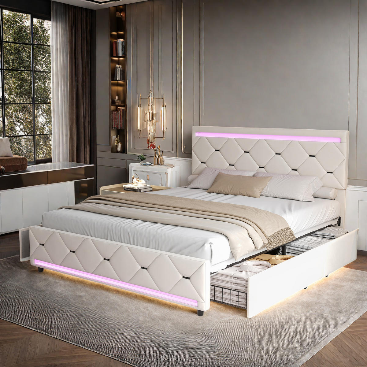 POLSTERBETT 140x190 cm Creme Samt LED USB 4 Schubladen Stauraum - Beige, Holz (140/190cm) - SHOPENTRA
