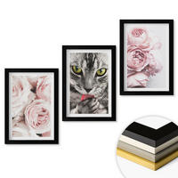WANDBILDER 3er-Set - 20x30 cm Schwarzer Rahmen - Katze in rosa Blumen - Schwarz, Kunststoff (20/30cm) - ArtPrintCave