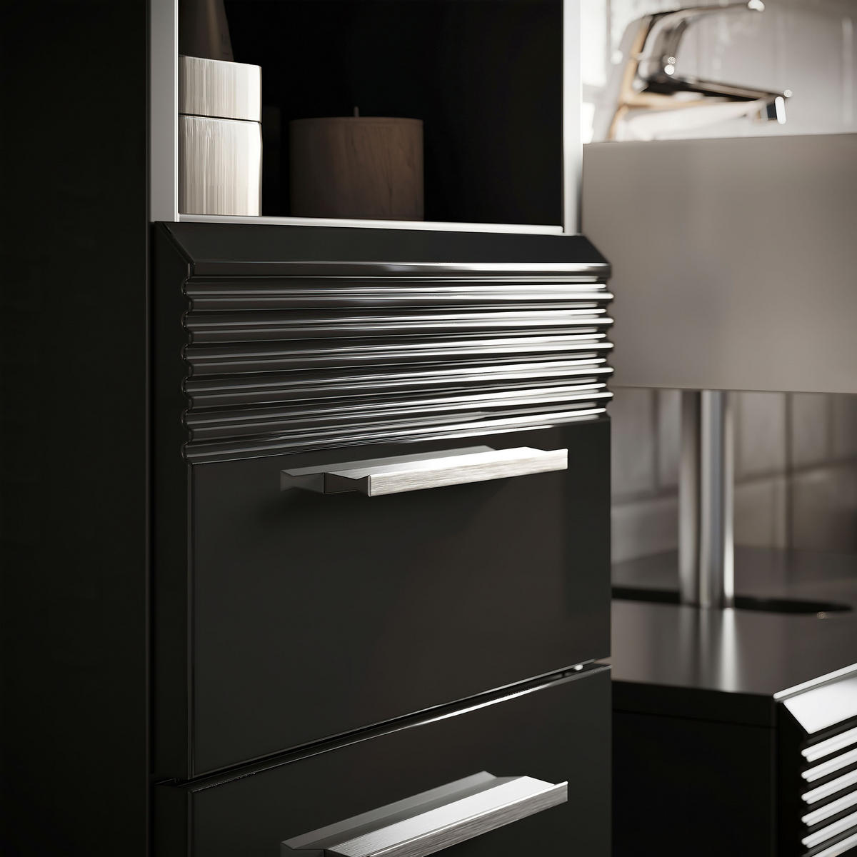 BADMÖBEL Set Linus 2tlg. Bad Kombination inkl. Beleuchtung (B/H/T: 60x182x34 cm) - Schwarz, Holz (60/182/34cm)