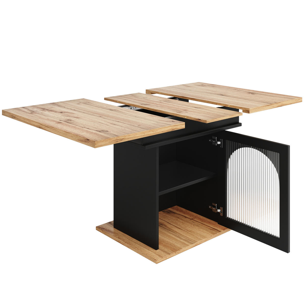 JÍDELNÍ stůl 110-140/80/76 cm černý z MDF a skla s výsuvnou deskou a úložnými policemi - černá, kompozitní dřevo (140/80/76cm) - OKWISH