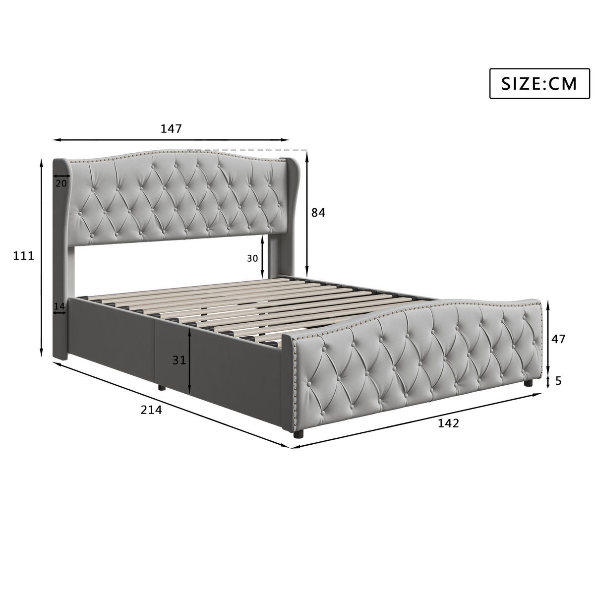 DOPPELBETT 140x200 cm Grau Samt, Polsterbett, Hydraulischer Bettkasten, Diamant-Knopfheftung, Tragfähigkeit 300 kg, Skandinavischer Stil - Grau, Metall (140/200cm) - GENKI LIVING
