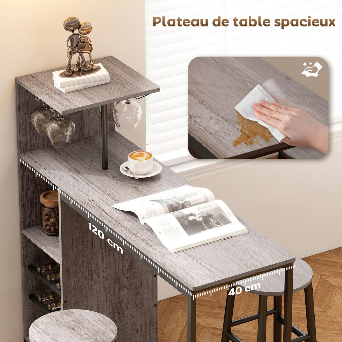 BARTISCH-SET DE-14784 mit Weinregal & Glashaltern für 2 Hocker Naturholz - Naturfarben, Holzwerkstoff (121.5/40/122cm) - ComfortXL