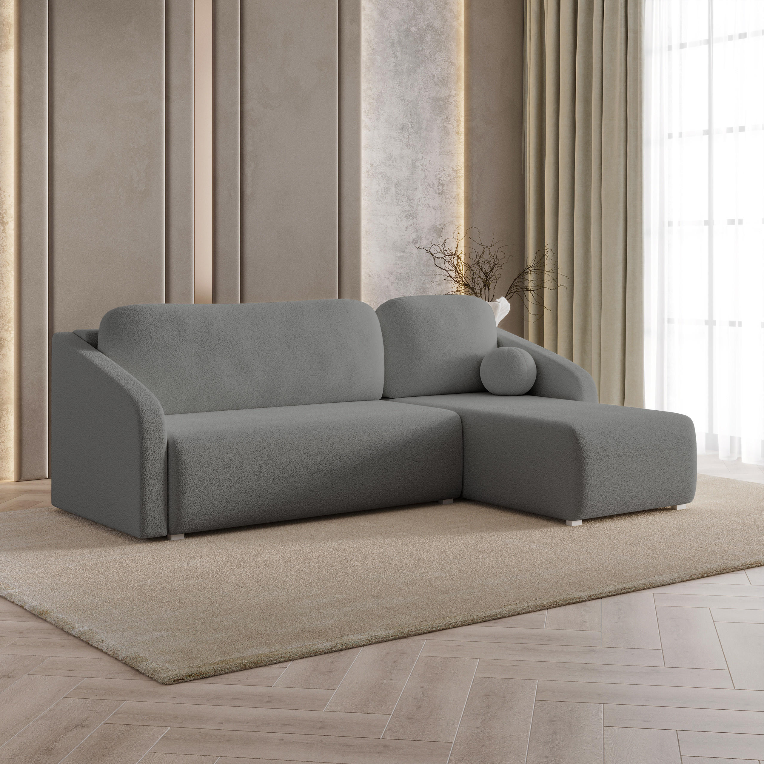 ECKSOFA MARELLO Grau Boucle-Stoff mit Schlaffunktion - Grau, Holz (220/143cm) - MASSENO