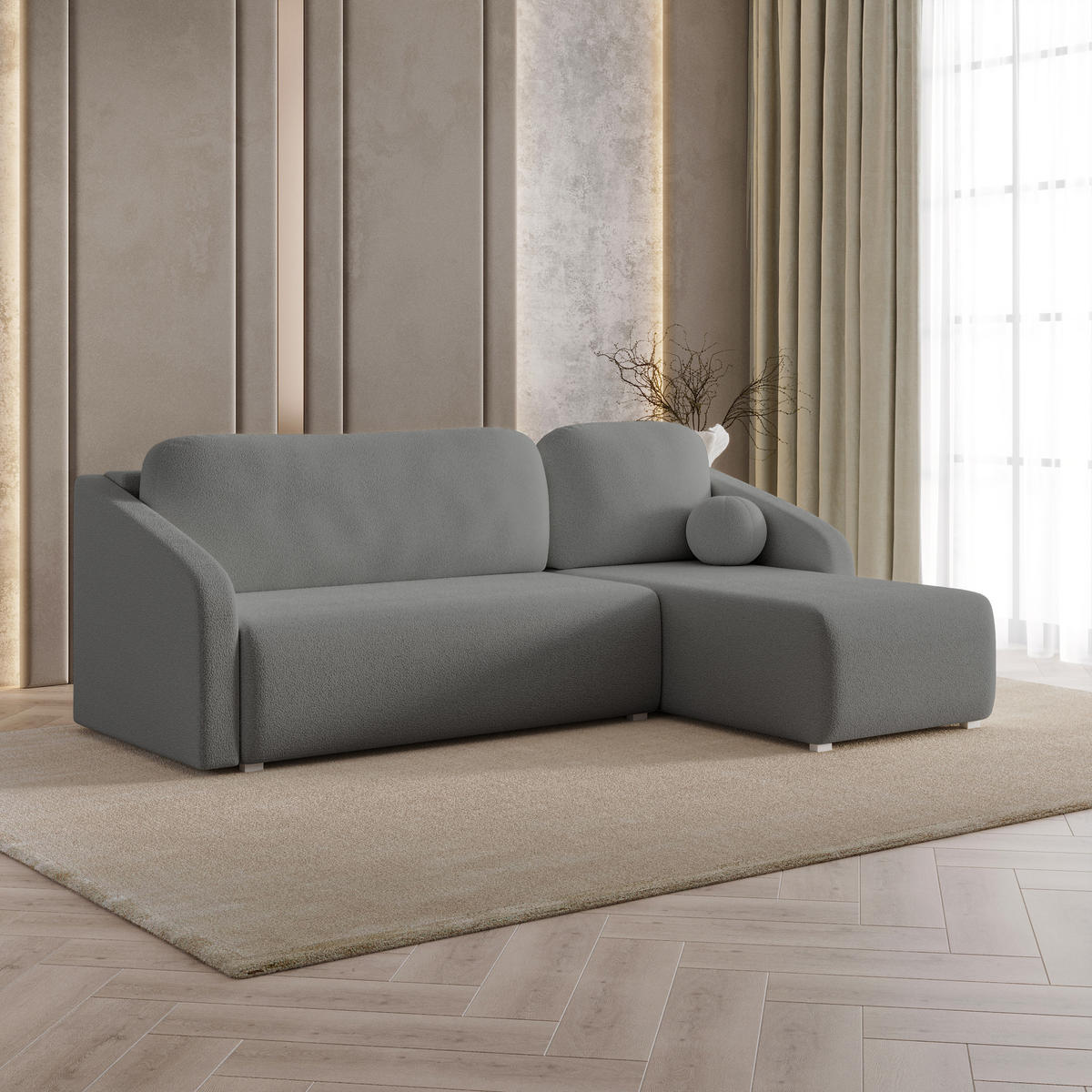 ECKSOFA MARELLO Grau Boucle-Stoff mit Schlaffunktion - Grau, Holz (220/143cm) - MASSENO