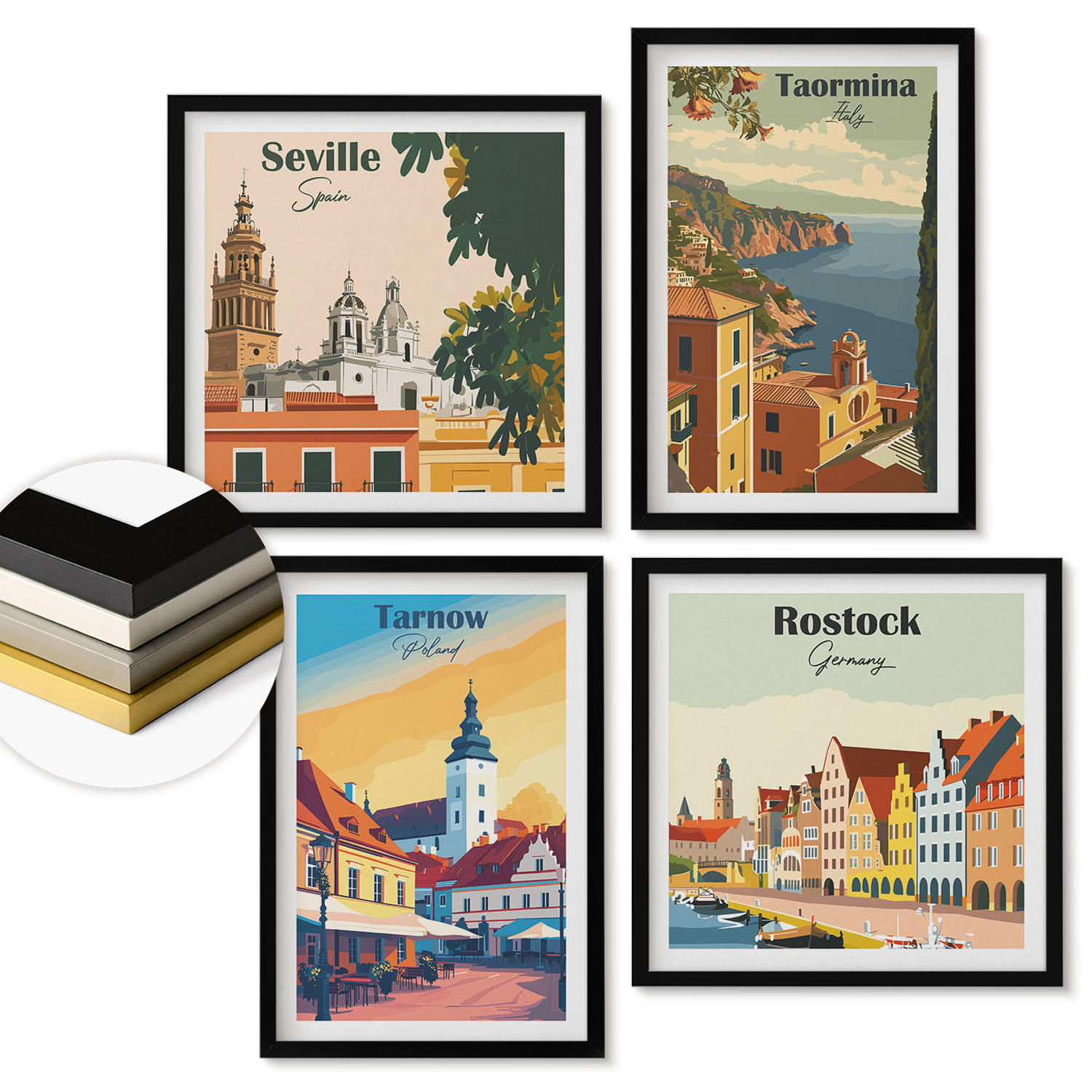 WANDBILDER 4er-Set - 50x50 cm & 40x60 cm Schwarzer Rahmen - Architektur der Küstenstädte - Schwarz, Kunststoff (50/50cm) - ArtPrintCave