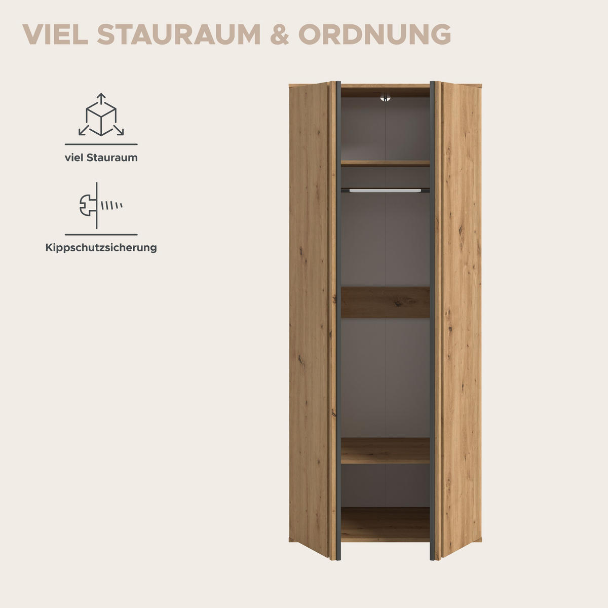 KLEIDERSCHRANK 2-türig TOFTA (B/H/T: ca. 80/192/56 cm) in Artisan Eiche Nachbildung/Artisan Eiche Nachbildung - Eiche Artisan, Holzwerkstoff (80/192/56cm)