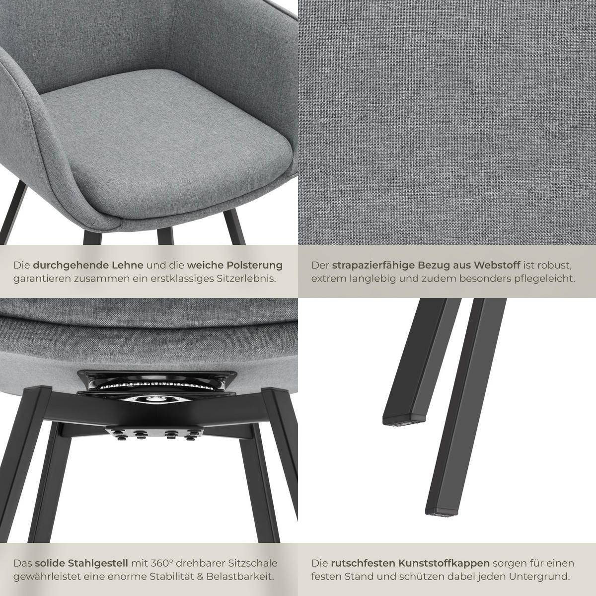 ARMLEHNSTUHL Drehbarer 4er Set Alicon 57 x 59 x 88 cm anthrazit - Anthrazit, Textil (57/88/59cm) - tectake