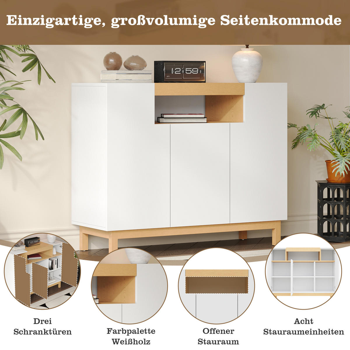 SIDEBOARD 120,5/42/96 cm mit 3 Türen & offenem Fach in Weiß und Holzoptik - Weiß, Holzwerkstoff (120.5/96/42cm) - BEAOK