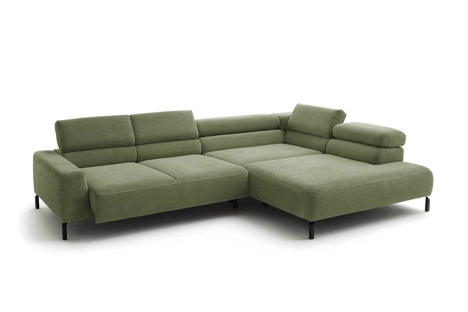 ECKSOFA DELIA Grün Cord Relaxfunktion - Schwarz/Olivgrün, Textil/Metall (276/219cm) - KAWOLA