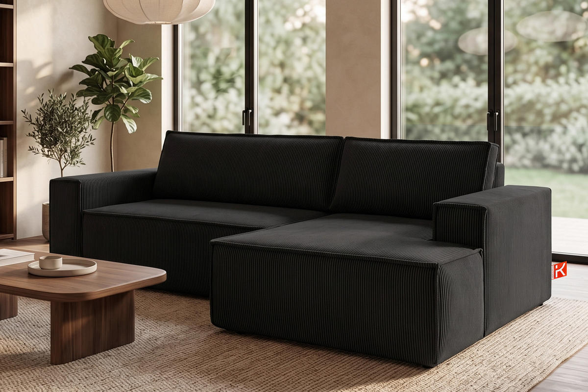 ECKSCHLAFSOFA-RECHTS NAPI in Pet Friendly Cord-Stoff, schwarz - Schwarz, Textil (262/148cm) - KONSIMO®