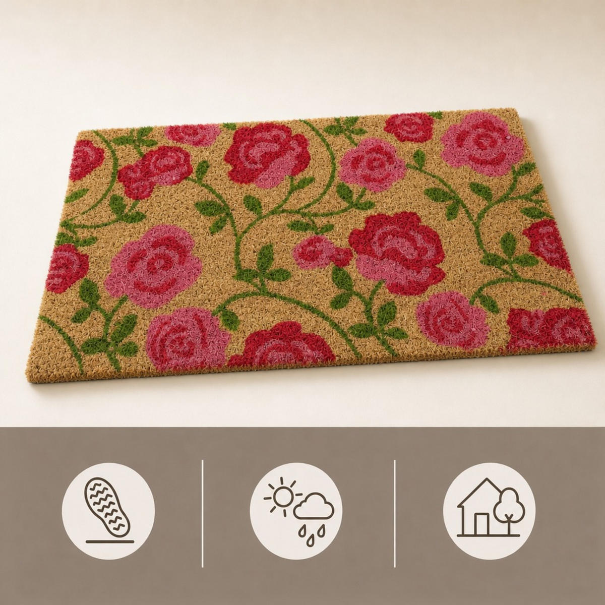 FUSSMATTE Natur Kokos Rosenmotiv rutschfest 60x40 cm - Multicolor, Kunststoff/Textil (60/40cm) - Relaxdays