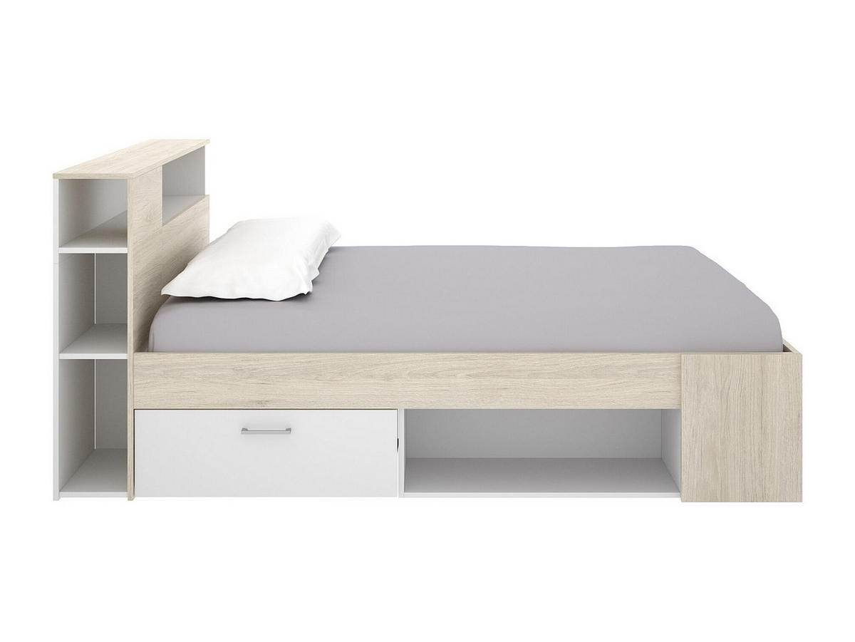 BETT mit Kopfteil, Stauraum & Schubladen - 120 x 190 cm - Holzfarben & Weiß - LEANDRE - Naturfarben, Holz (129.5/218.5cm) - Vente-Unique