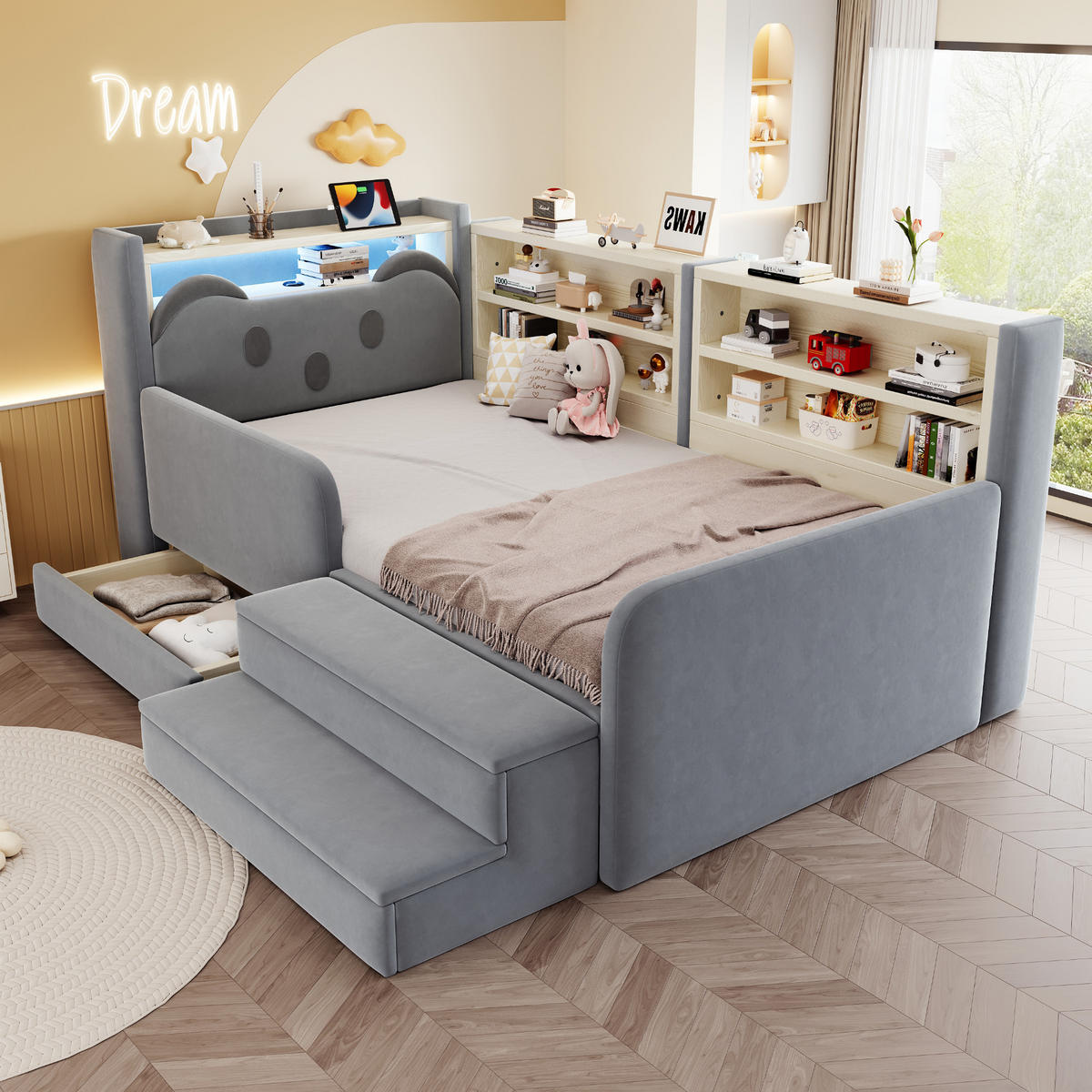 POLSTERBETT 90*200 cm mit LED, USB und Schublade, Hellgrau - Hellgrau, Textil (90/200cm) - FLIEKS