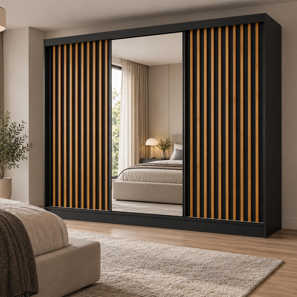 KLEIDERSCHRANK Lumil 240 cm Schwarz Spiegel Griffe silber - Schwarz, Holzwerkstoff (240/216/61cm) - KS Home Concept