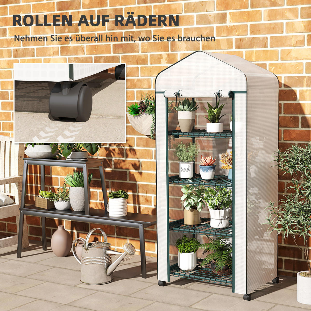 GEWÄCHSHAUS mit Rolle, Regale, winterfest Foliengewächshaus aus Stahl, Treibhaus - Weiß, Kunststoff/Metall (50/165/69cm) - Outsunny