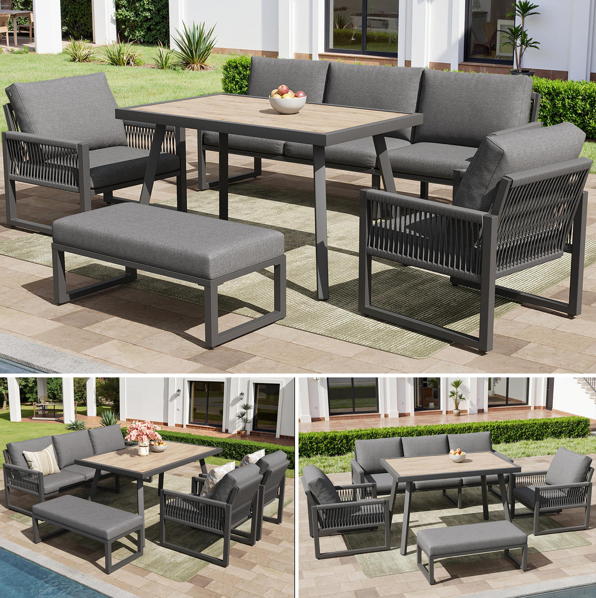 GARTENLOUNGE 184/64/80 cm grau aus Metall, Glas und Polyester mit Tisch und Kissen - Grau, Metall - OKWISH