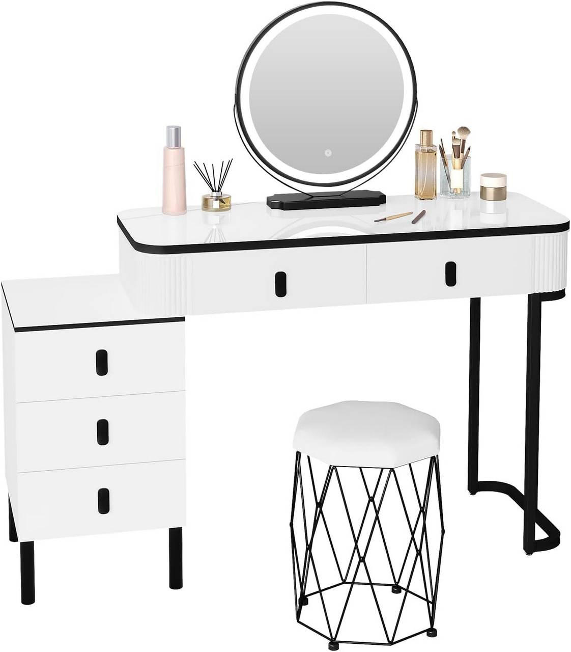 SCHMINKTISCH mit Hocker, Spiegel mit LED, Weiß + Schwarz - Schwarz/Weiß, Glas/Holz (100/126/40cm) - Woltu