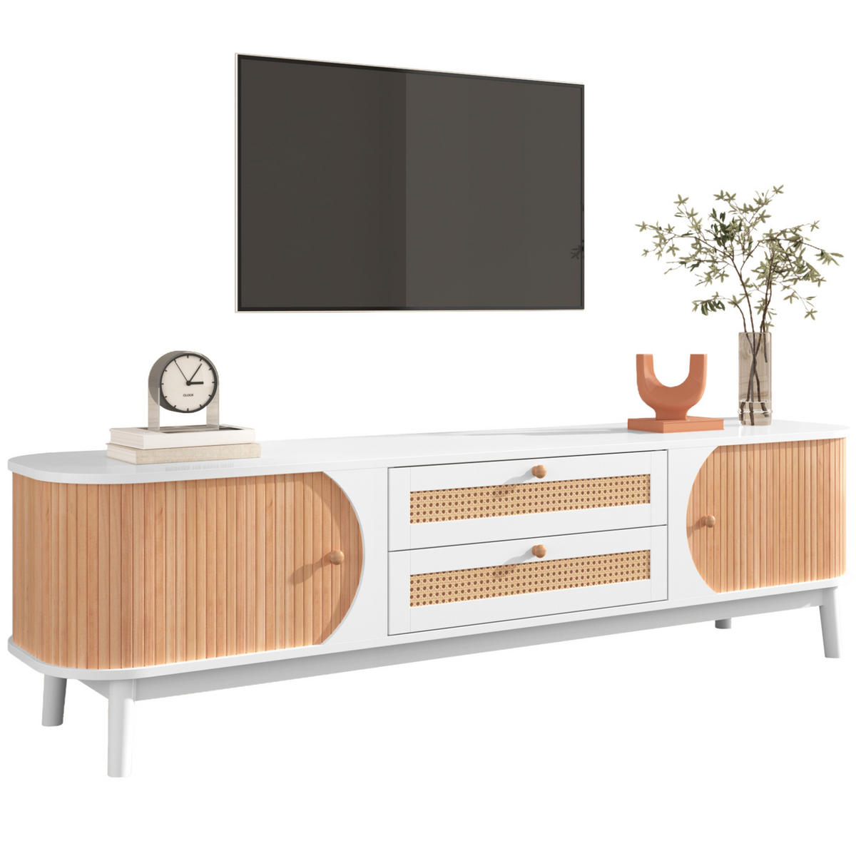 LOWBOARD 170/39.5/46 cm Weiß aus MDF mit Rattanfronten und Türen - Weiß, Holzwerkstoff (39.5/46/170cm) - OKMYHOME