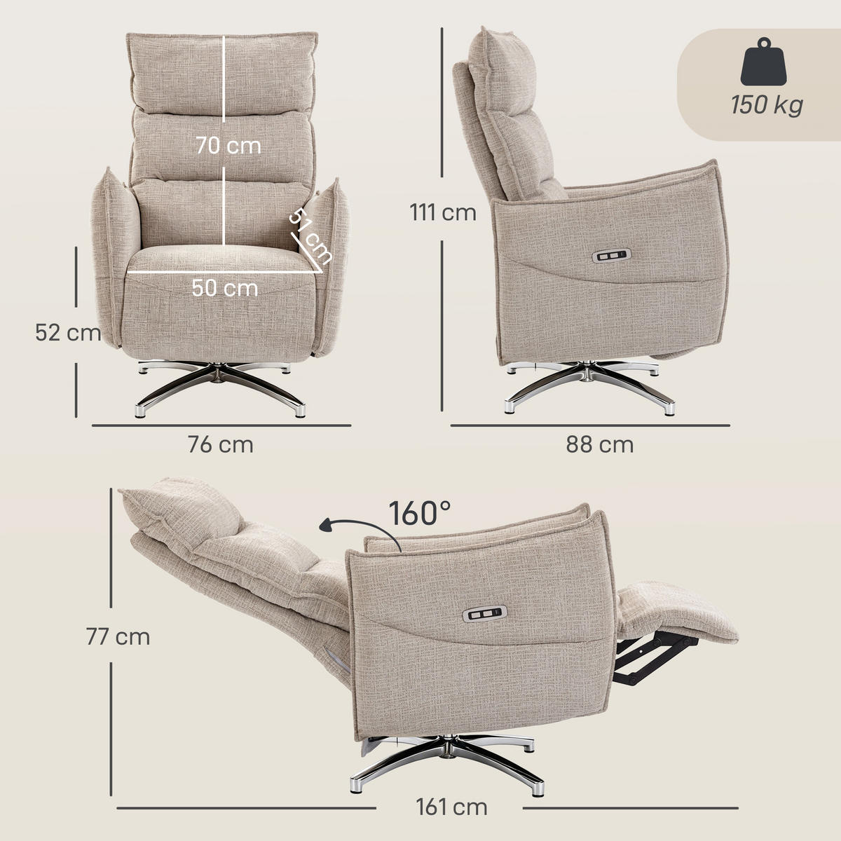RELAXSESSEL Polyester Beige - Beige/Schwarz, Holzwerkstoff/Textil (76/111/88cm) - HOMCOM