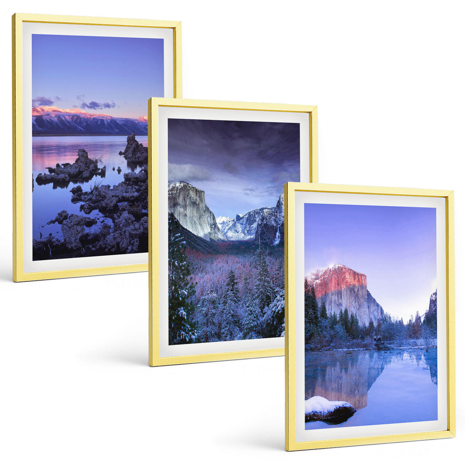 BILDER SET 3er Set - 40x60 cm Goldrahmen - Berglandschaften, Sonnenuntergang, Wasser - Goldfarben, Kunststoff (40/60cm) - TULUP