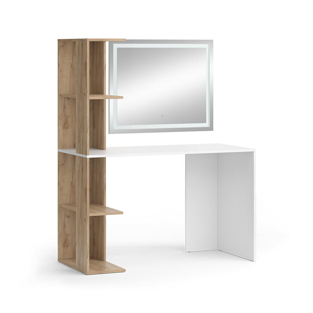 SCHMINKTISCH Tower Weiß/Sonoma 122.2 cm mit LED-Spiegel - Weiß/Sonoma Eiche, Holzwerkstoff (122.2/75.8/55.2cm) - Vicco