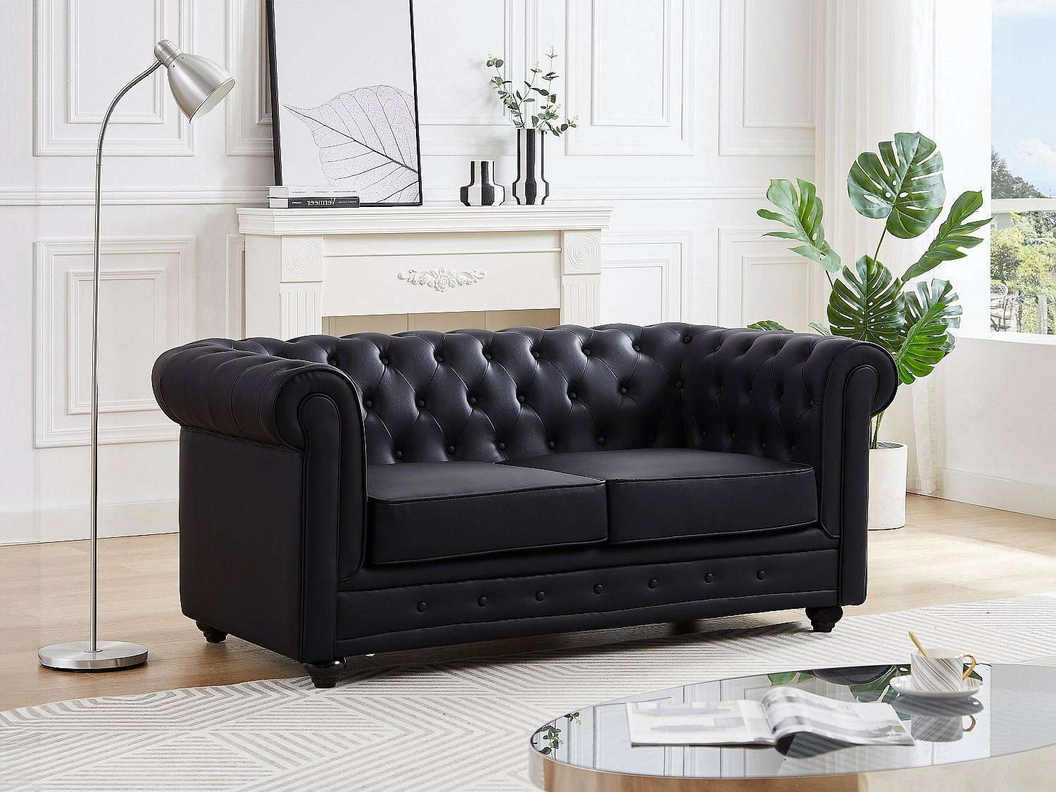 Thumbnail - Vente-Unique Sofa, Schwarz, Leder, Uni, 2-Sitzer, 168x72x88 cm, Wohnzimmer, Sofas & Couches, Sofas, Chesterfield Sofas