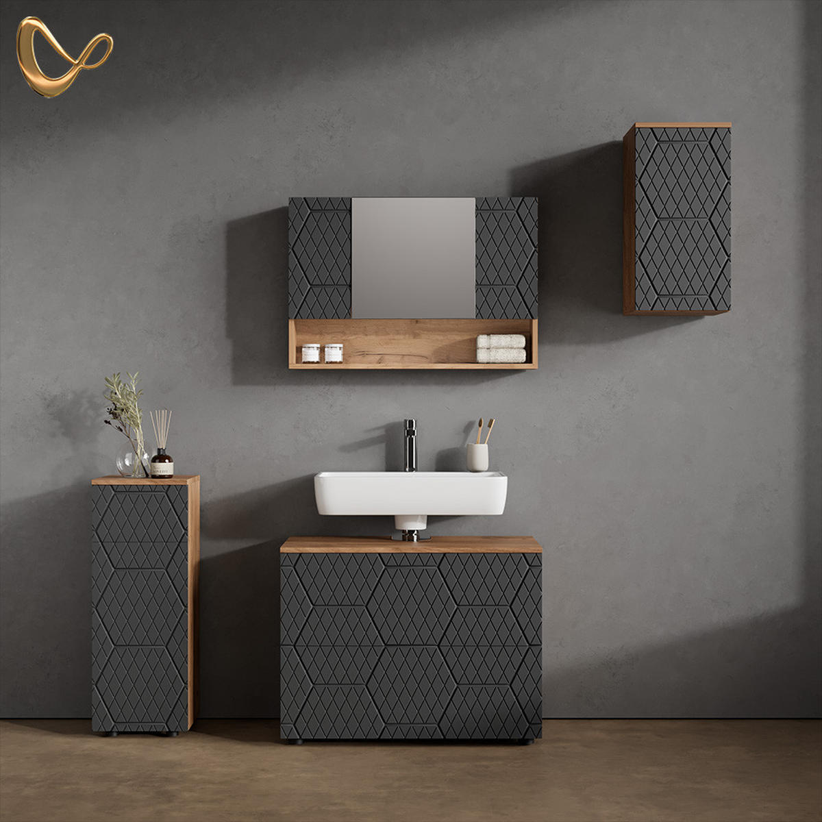 BADMÖBEL-SET Ronco Anthrazit gestreift 4 Teile - Eichefarben/Anthrazit, Holzwerkstoff (80/58/41cm) - Livinity®
