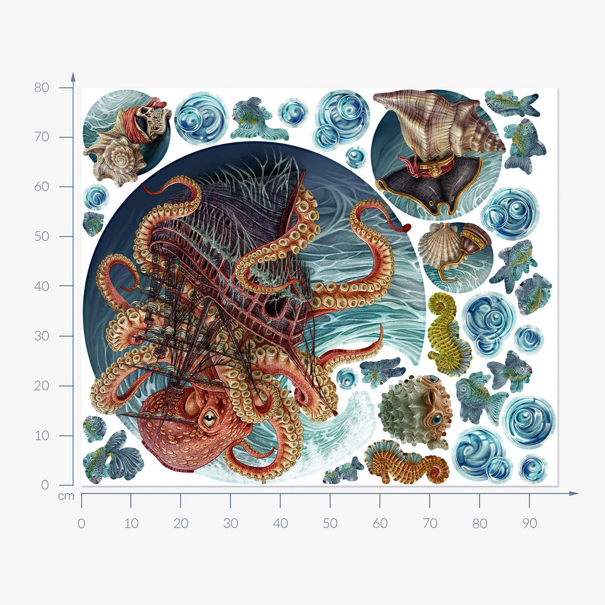 WANDAUFKLEBER 80x96cm - Die Unterwasserwelt des Oktopus - Multicolor, Kunststoff (80/96/0.1cm) - Wallfluent