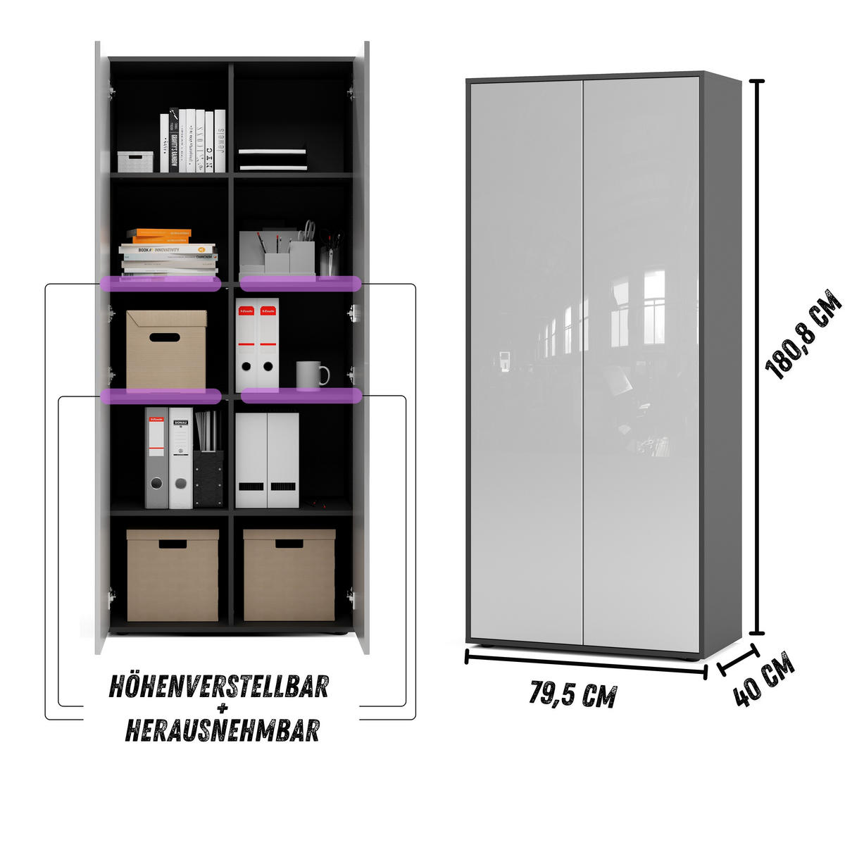 AKTENSCHRANK Amira T00 Weiß Hochglanz 180/80/40 cm - Weiß Hochglanz, Holzwerkstoff (80/180/40cm) - SIMPLYFURN