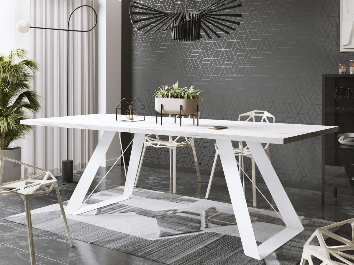 ESSTISCH Colter Weiß rechteckig ausziehbar, Marmor Weiß 160-260/90/76 cm - Ecru/Weiß, Holzwerkstoff/Metall (160/90/76cm) - WFL GROUP