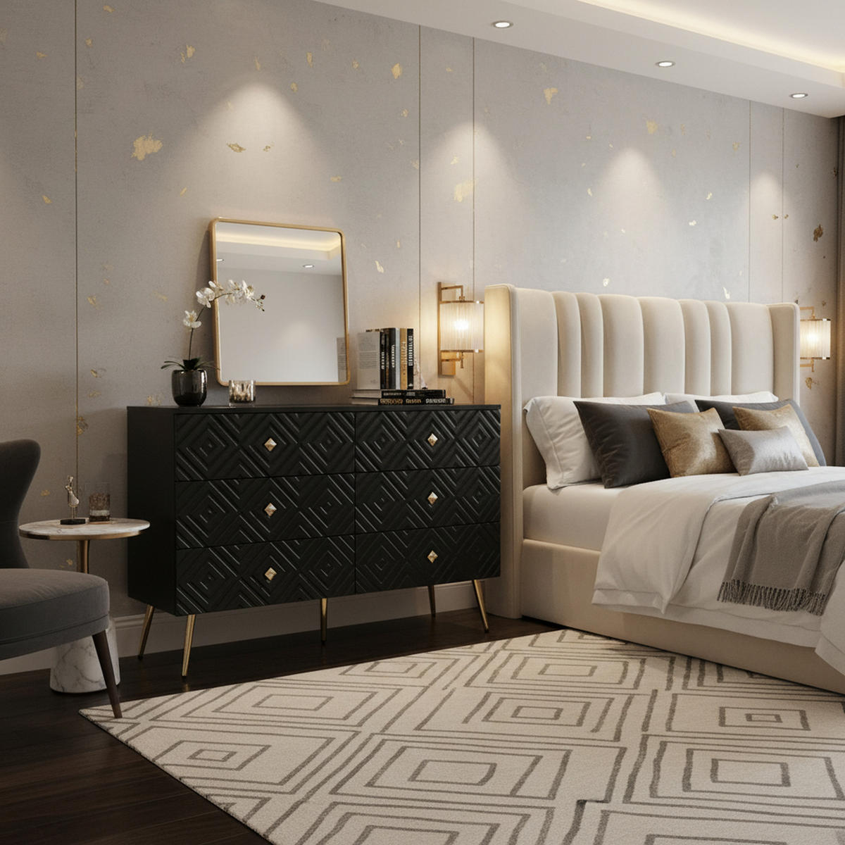 SIDEBOARD mit 6 Schubladen und geometrischem Muster Schwarz - Schwarz, Holzwerkstoff (40/80/120cm) - Urban Meuble