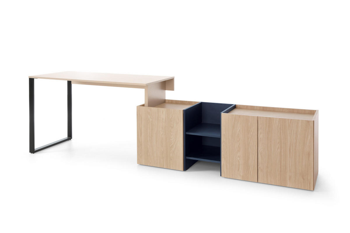 SCHREIBTISCH Sinus in Beige, Eiche & Marineblau mit integriertem Container - Braun, Holzwerkstoff (120/80/200cm)