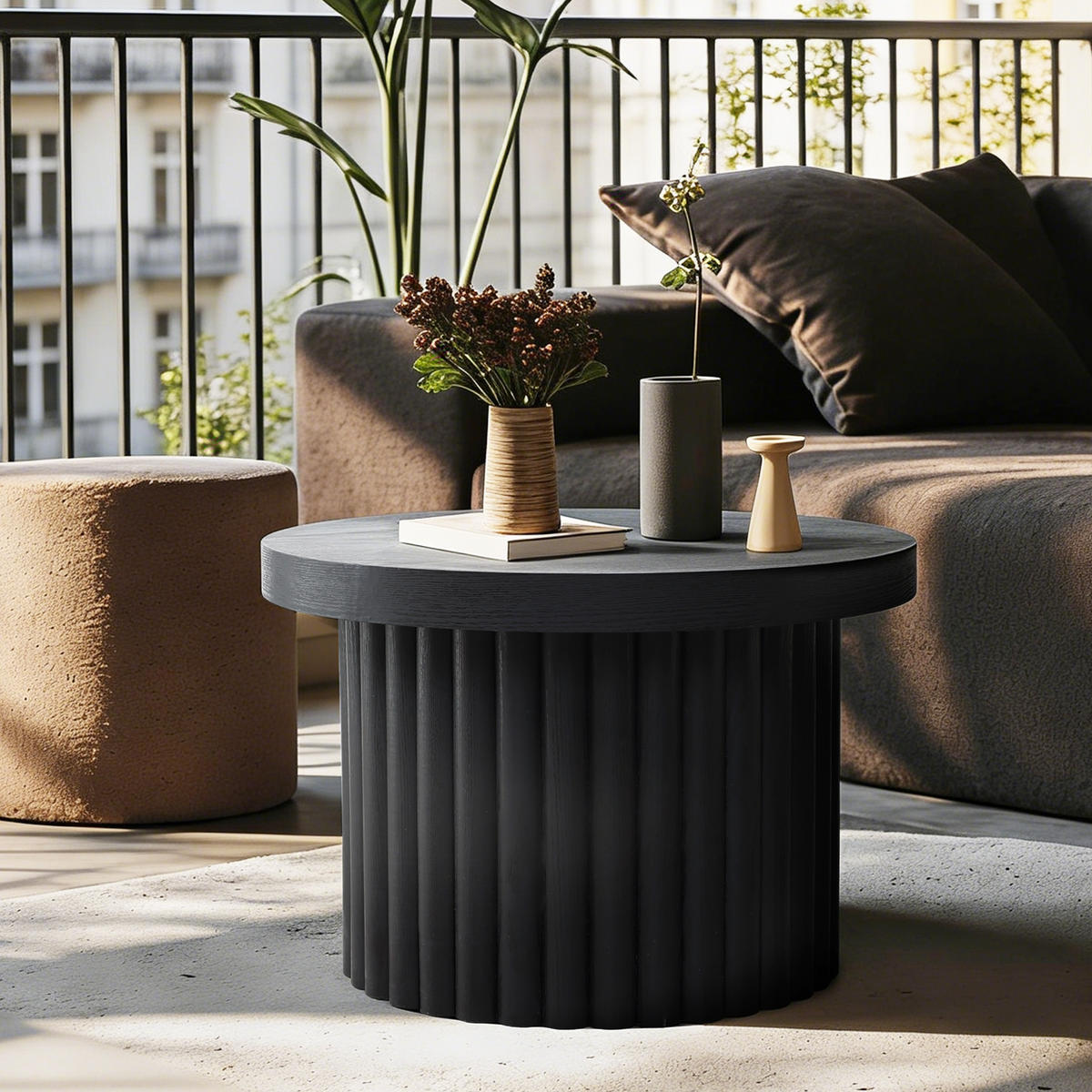 COUCHTISCH Rund, Schwarz aus MDF mit PU-Holzdessin | Ø60 x H40 cm - Schwarz, Holz (60/60/40cm) - Hometopia