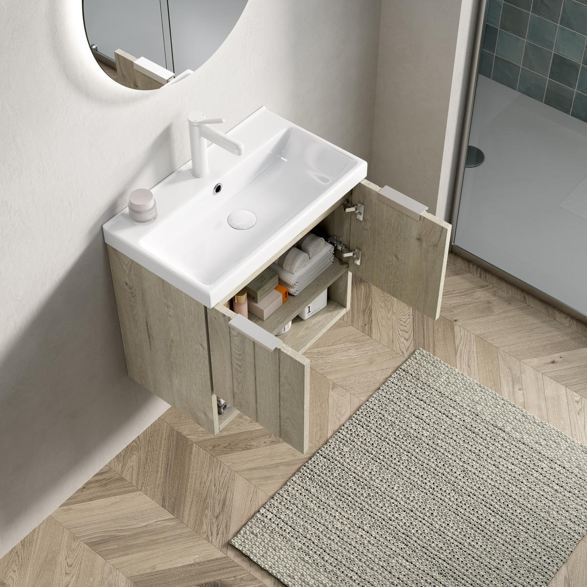 WASCHTISCHUNTERSCHRANK 55x32x53cm Creme/Weiß mit glänzendem Keramikbecken - Creme, Keramik (55/53/32cm) - Modfu