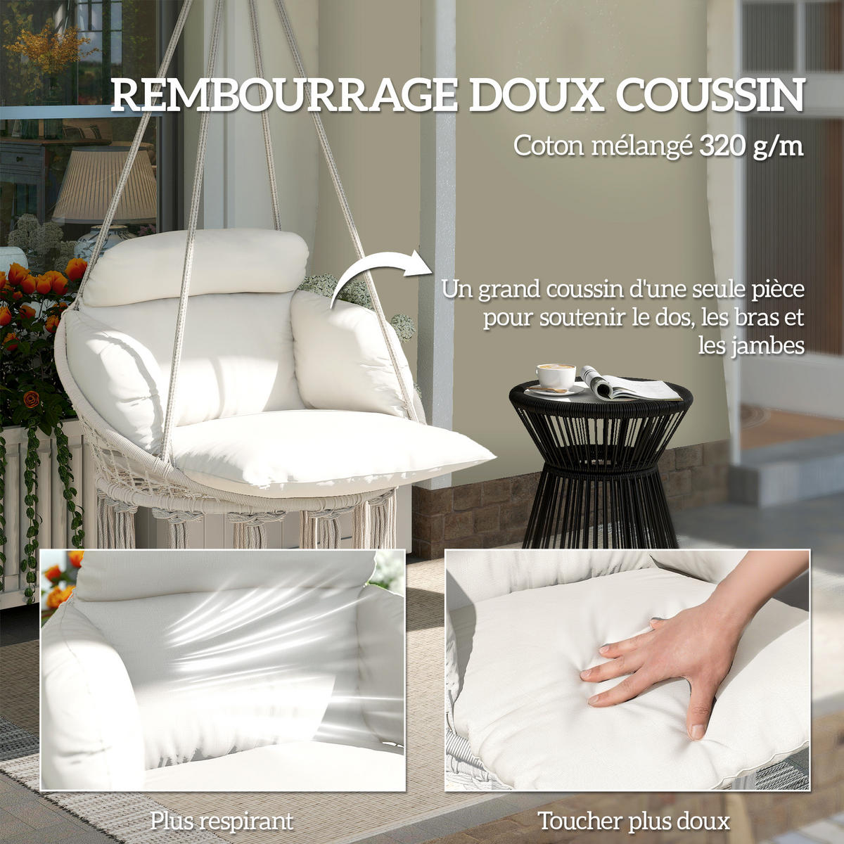 HÄNGESESSEL DE-15295 80/60/40 cm mit großem Polster und Fransen Creme - Creme, Metall (60/40/80cm) - ComfortXL