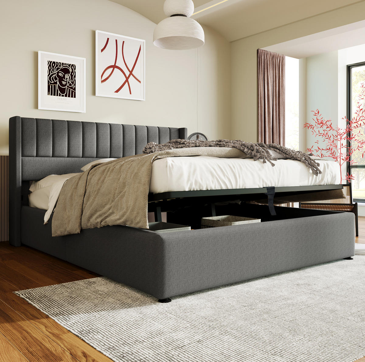 BETT mit Bettkasten 140x200 cm Leinen Grau inklusive Matratze - Grau, Metall (140/200cm) - Meubliv
