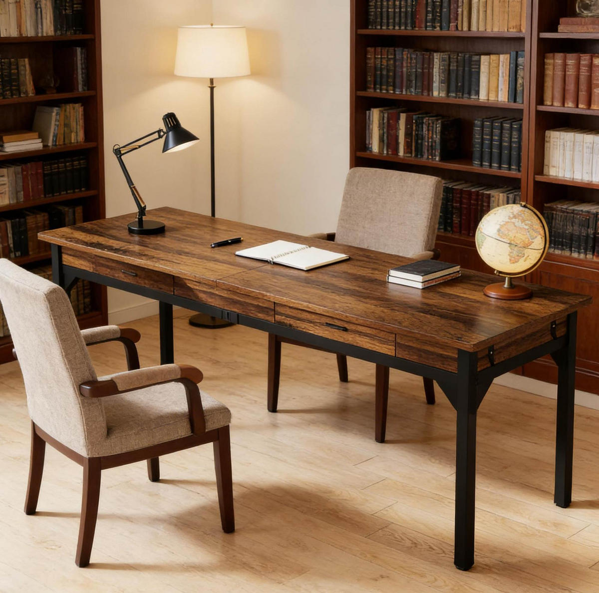 DOPPELSCHREIBTISCH 200 x 60 x 82 cm Holzoptik Rustic Brown mit 2 Schubladen - Schwarz, Metall (200/60/82cm) - Meubliv