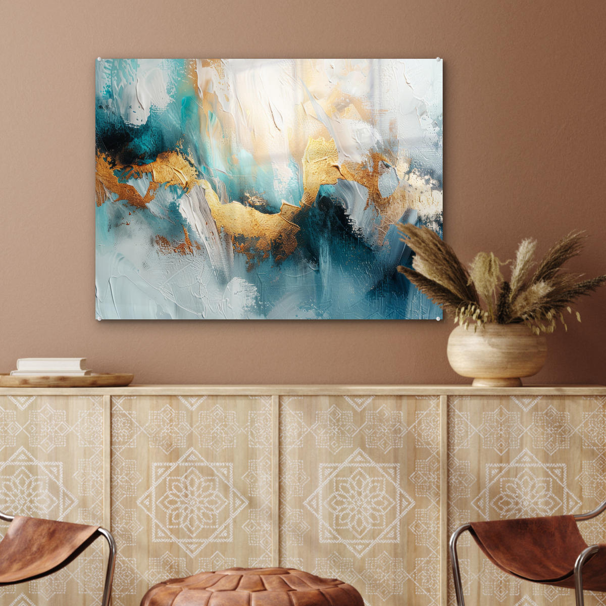 OBRAZ NA AKRYLOVOM SKLE Abstraktné - umenie - zlaté - modré 80x60 cm - petrolejová, sklo (80/60cm) - MuchoWow