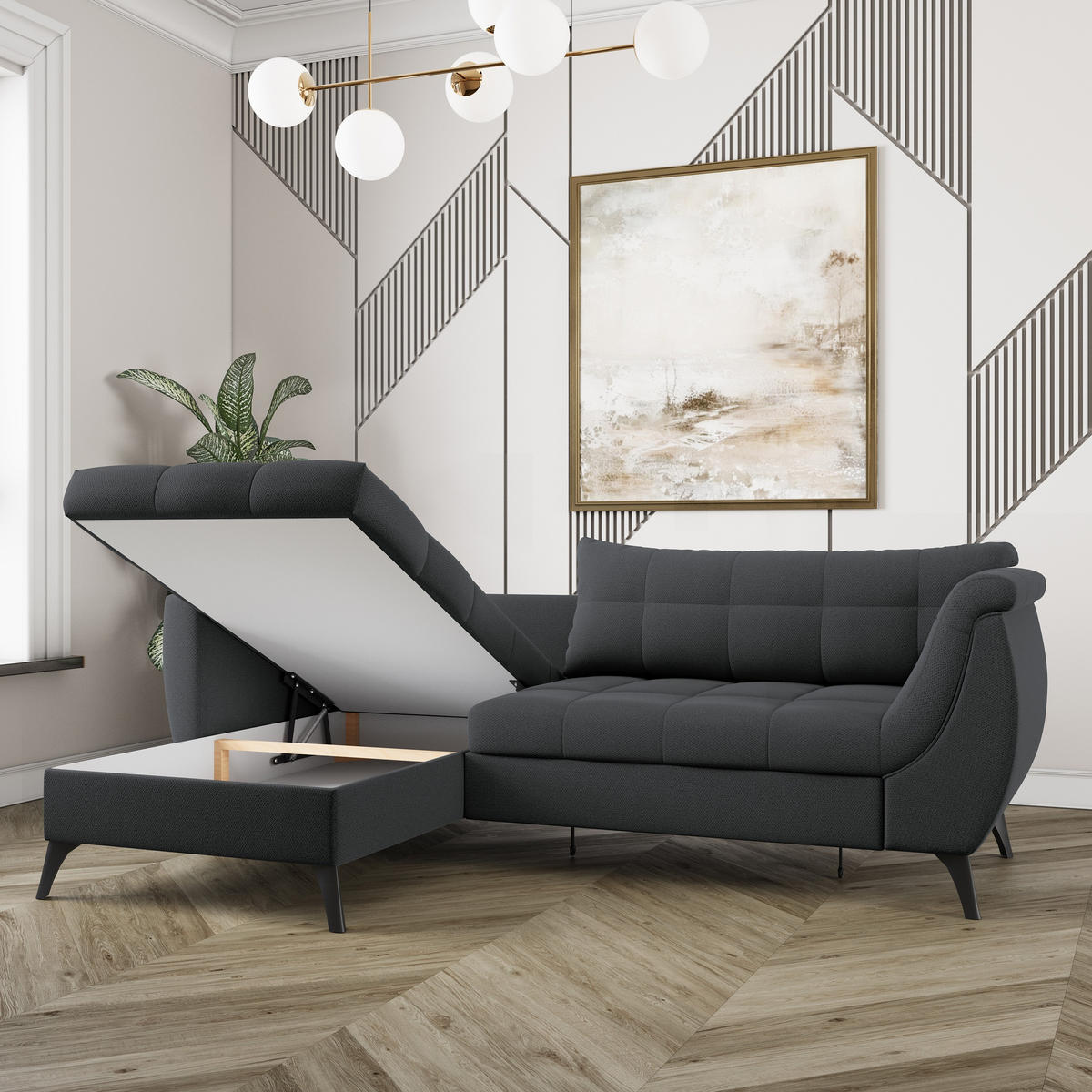 ECKSOFA MOLLIS Graphitfarben Geflochtener-Stoff mit Schlaffunktion - Graphitfarben, Holz (241/154cm) - MASSENO