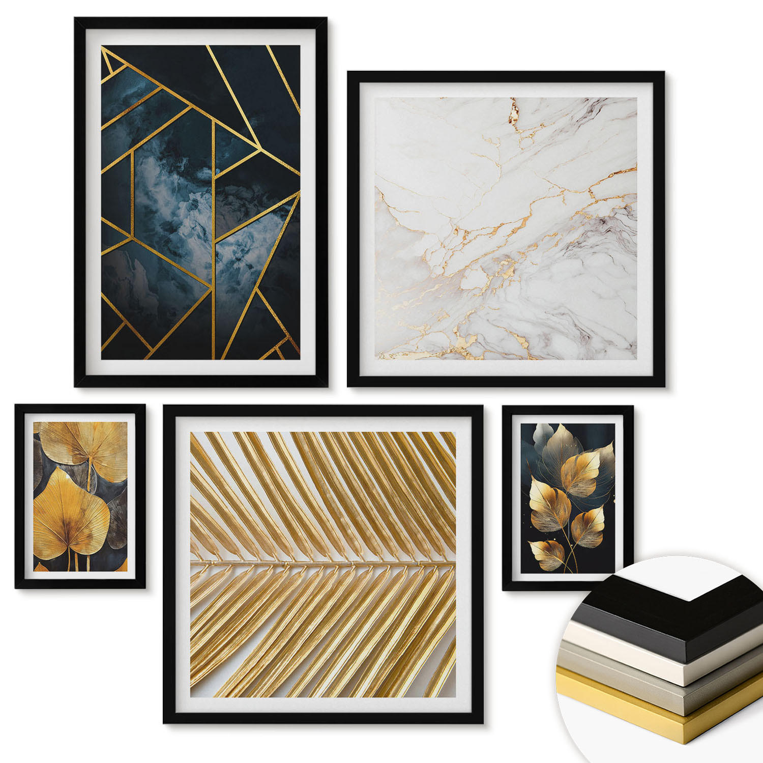 WANDBILDER 5er-Set - 50x50 cm & 20x30 cm & 40x60 cm Schwarzer Rahmen - Moderne Pflanzenmuster - Schwarz, Kunststoff (40/60cm) - ArtPrintCave