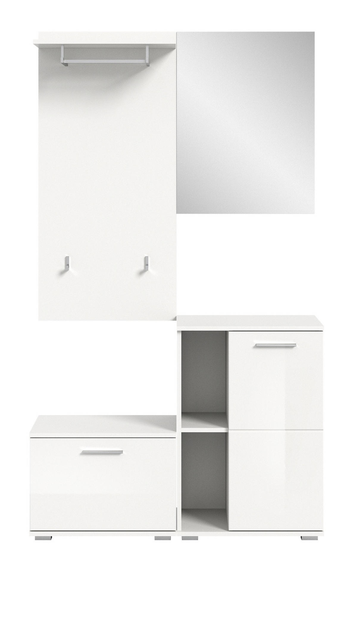 GARDEROBE Set 4-teilig weiß Hochglanz 110 cm, Kombination mit viel Stauraum - Weiß Hochglanz/Silberfarben, Glas/Holzwerkstoff (110/191/37cm) - Inn.Furn