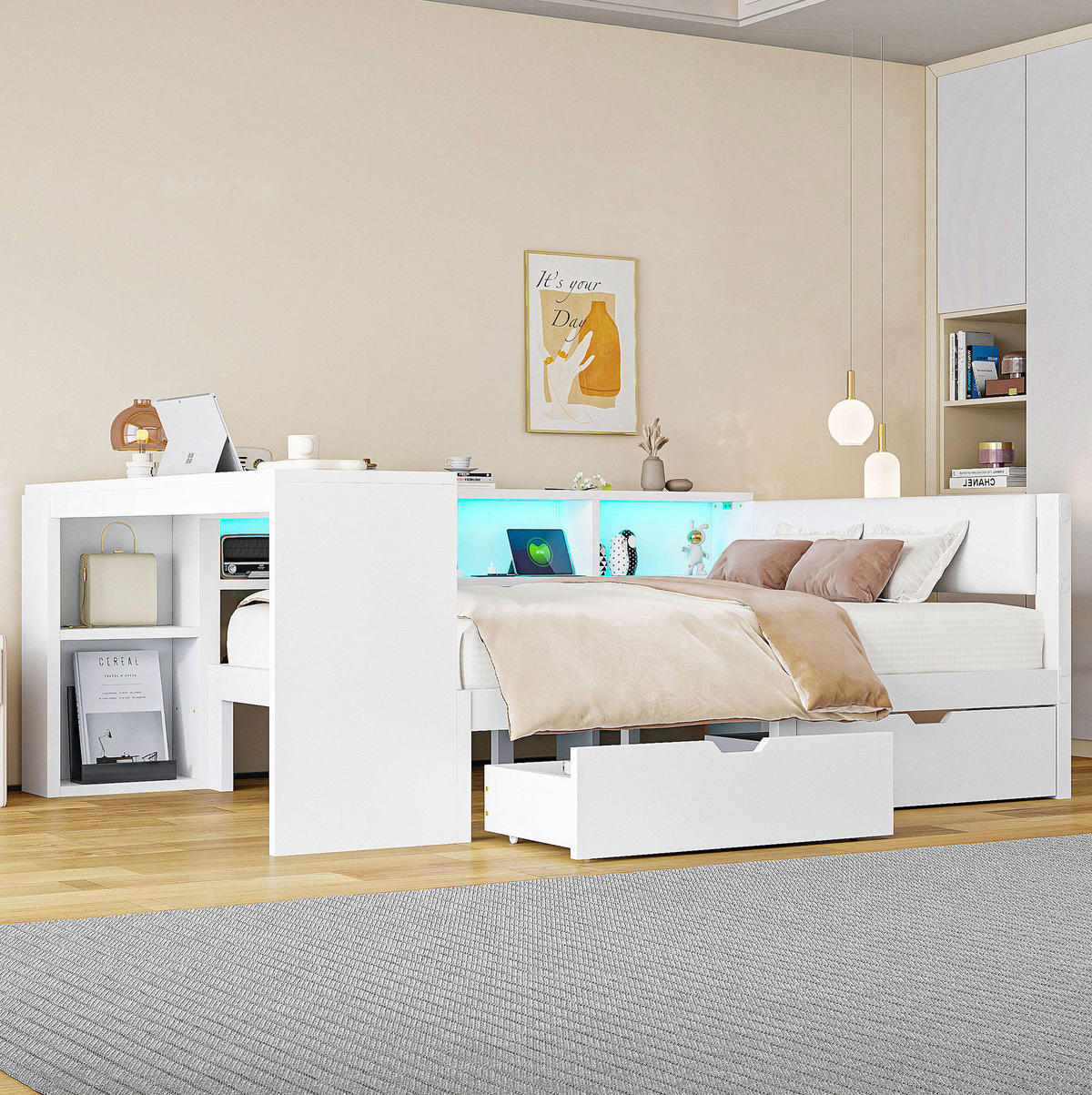 BETT 140/200 cm Weiß mit Schubladen, Ablagen und LED-Beleuchtung - Weiß, Holzwerkstoff (140/200cm) - Flora Grace
