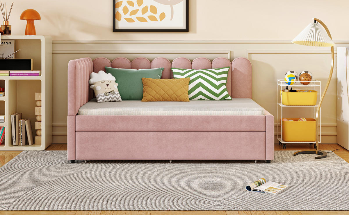 POLSTERBETT 140x200 cm mit Ausziehbett 90x190 cm, Samt, Rosa - Rosa, Holz (140/200cm)
